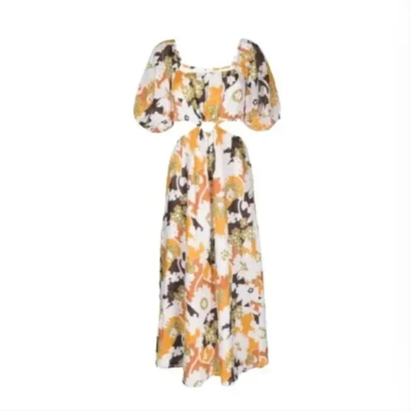 Faithful the Brand Trinita Maxi Dress Womens 2 Yellow White Floral Puff Sleeve